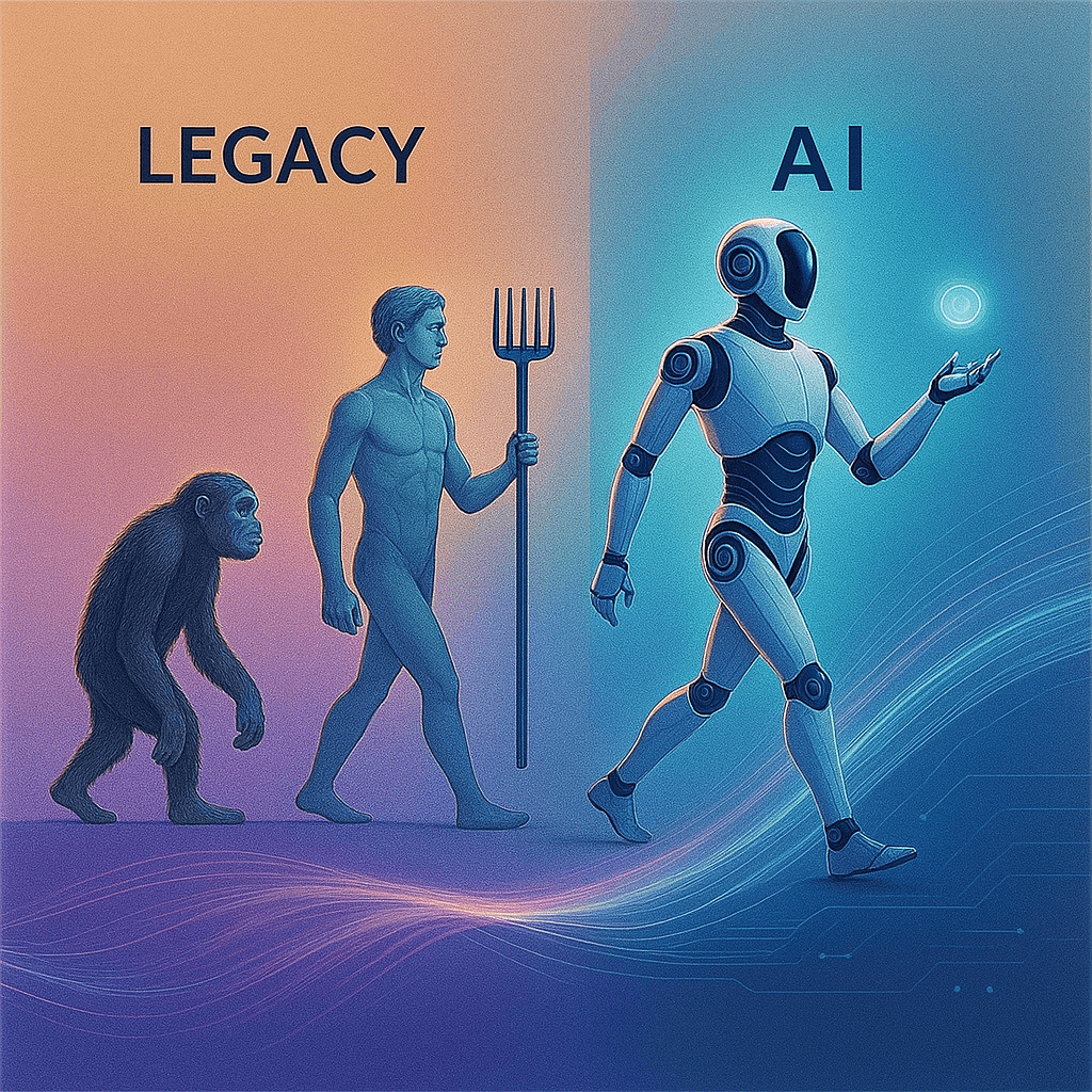 Evolution from legacy to AI, illustrated as early man evolving into a robot